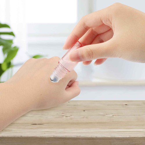 DMuuuDM 1/6 oz Pink Essential Oil Roller Bottle,20 Pcs Empty Glass Roll-On Vial with Stainless Steel Roller Ball,Rose Gold Lid,Portable Sample Container for Oils-Opener&Dropper Included
