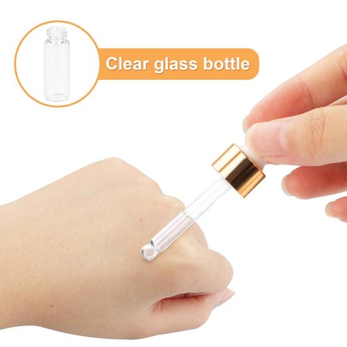 Empty Transparent Glass Bottles, 5ml Essential Oil Dropper Bottle, Makeup Sample Storage Containers With Gold Head, White Cap & 2 Straws, 50pcs (Pack of 2)