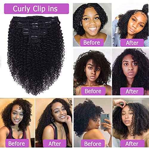 Curly Clip In Extension Human Hair 3C 4A Kinky Curly Clip Ins Full Head for Black Women Brazilian Remy Human Hair Natural Color 8Pcs with18clips 120g/Set (28 inch, curly wave)