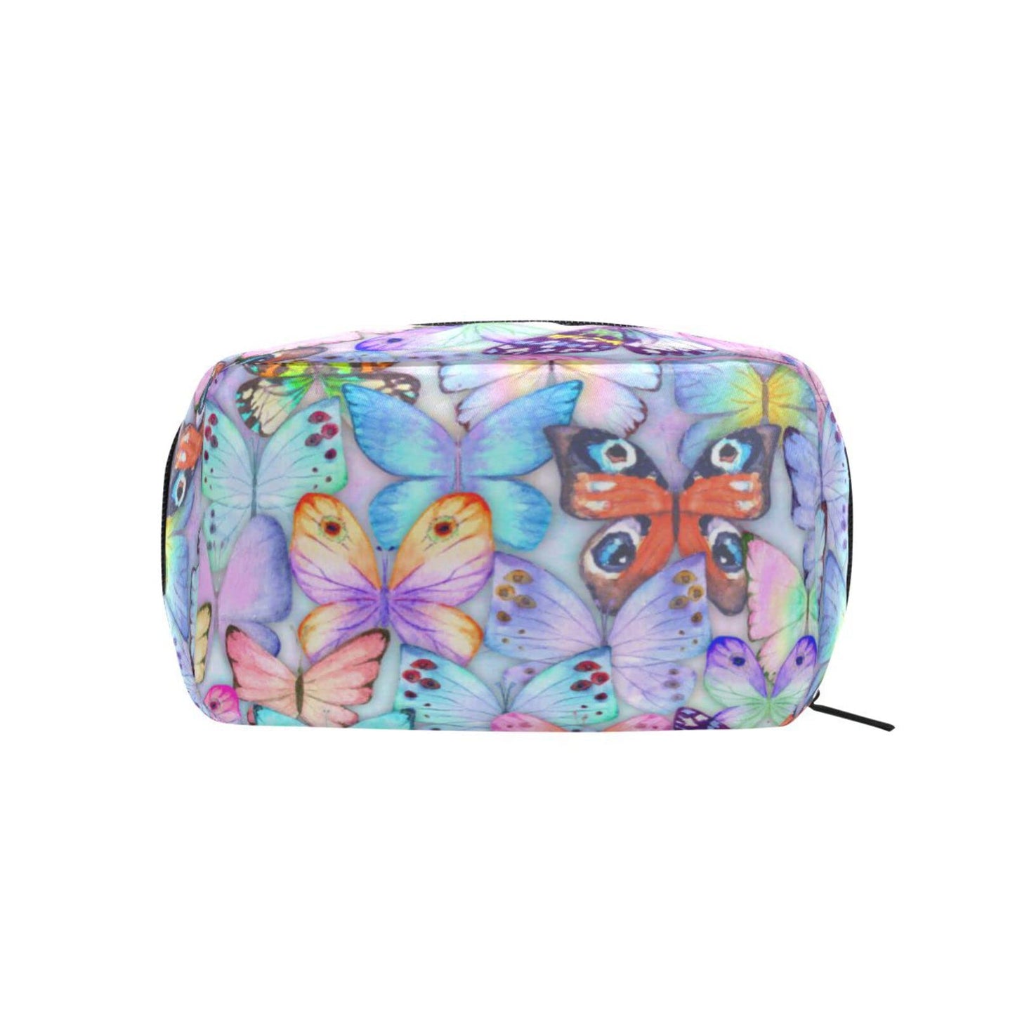 JHKKU Makeup Bag Butterfly Colorful Square Cosmetic Bag Portable Travel Toiletry Bag Black Zipper Storage Bag for Women