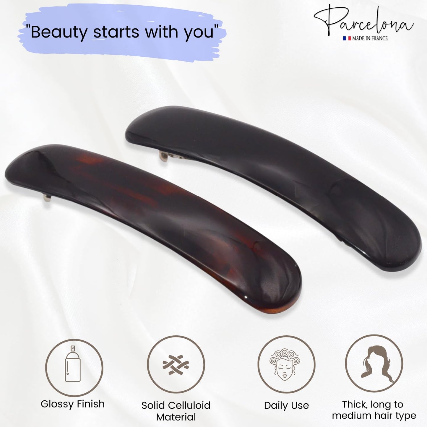 Parcelona French Elegant Duo 4" Tortoise Shell and Black Celluloid Set of 2 Hair Clips Fashion Durable No Slip Women Hair Accessories Hair Barrette Clip for Girls, Made in France