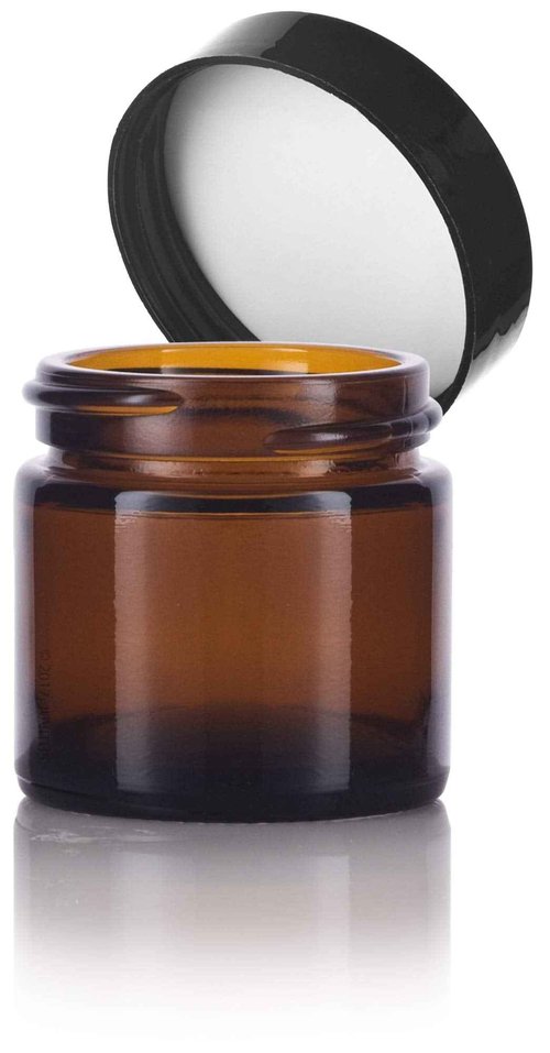1 oz / 30 ml Amber Thick Wall Glass Straight Sided Jar with Black Smooth Lined Lids (12 Pack)