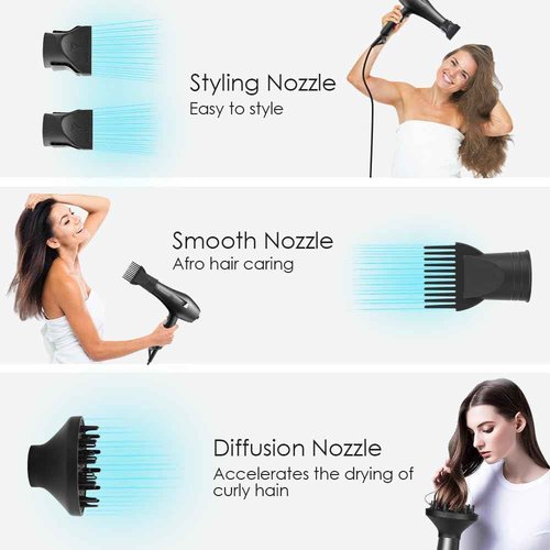 Faszin Ionic Salon Hair Dryer, Professional Blow Dryer AC Motor Fast Drying with 2 Speed, 3 Heat Setting, Cool Button, with Diffuser, Nozzle, Concentrator Comb for Curly & Straight Hair-Black
