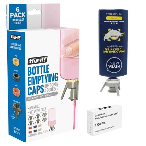 Flip-It! Bottle Emptying Kit - Flip Bottle Upside Down To Get Every Drop Out Extra adapters included to fit Nivea, Eucerin, and Aquaphor bottles. (6 Pack, Pastel Color Edition)