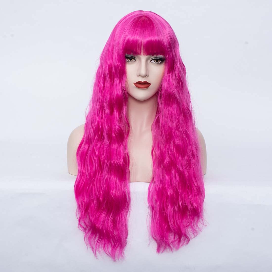 WGPFWIG Women's Hot Pink Wig 27''Long Curly Wavy Wig Shoulder Length Flat Bangs Wig For Women Girl Cosplay Party Halloween Wig Cap Included (27''Hot Pink)