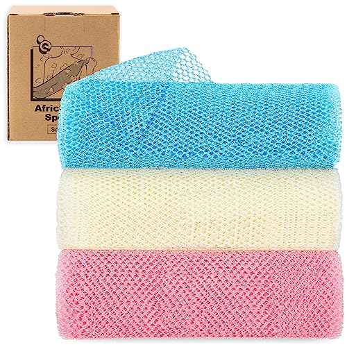 myHomeBody African Net Sponge, African Bath Sponge, Body Exfoliator Scrubber, Bath Washcloths, Exfoliating Net, Shower Back Scrubber, Set of 3, Light Blue, Beige, Pink