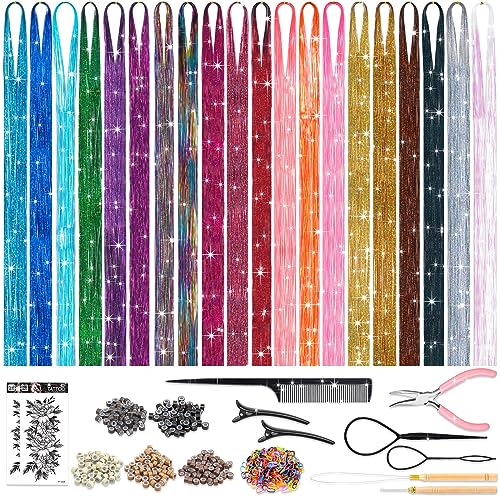 Hair Tinsel Kit with Tools, 20 Colors 4000 Strands Sparkling Glitter Tinsel Hair, Heat Resistant Shiny Fairy Hair Tinsel Extensions for Women Girls Hair Accessories for Cosplay Party