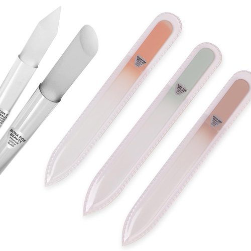 Bona Fide Beauty Value Bundle: 1Pc Cuticle Pusher & 3 Pc Muted Glass Nail Files with Sleeves