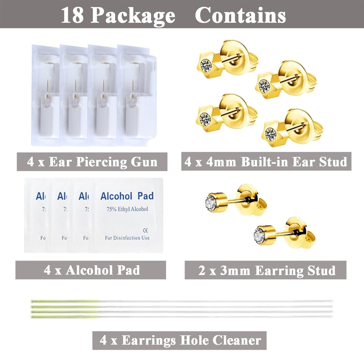 Ear Piercing Kit-18 PCS Disposable Self Ear Piercing Gun Piercing Tools with Gold Earrings Stud Ear Hole Cleaners