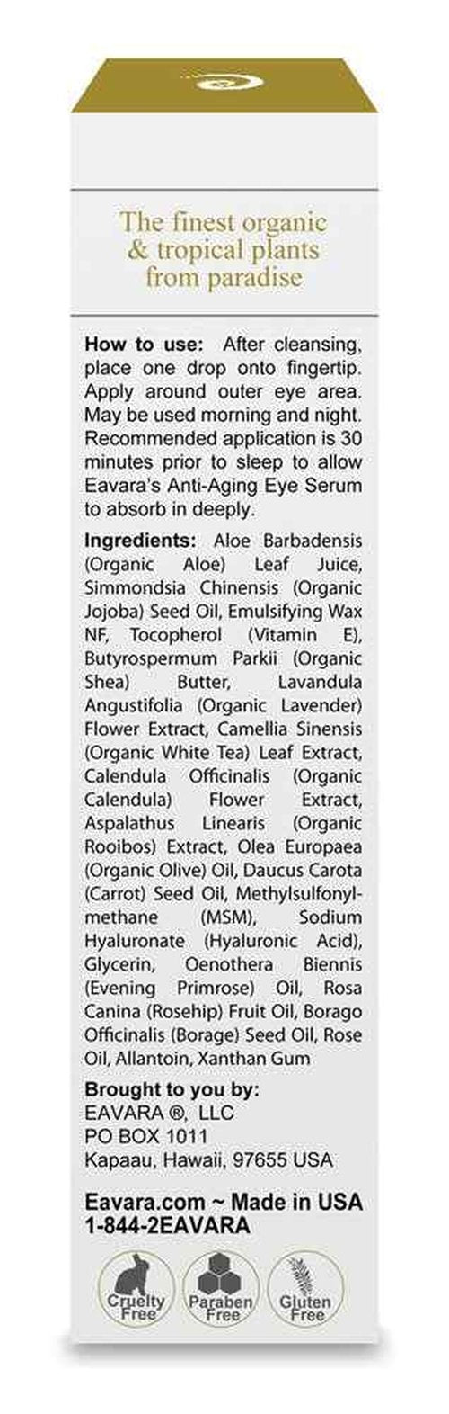 Eavara Organic Anti Aging Eye Cream for Dark Circles and Puffiness, Natural Under Eye Serum with Hyaluronic Acid, Jojoba Oil, Vitamin E, Aloe Vera, Helps Reduce Fine Lines & Wrinkles 1.0 Fl Oz