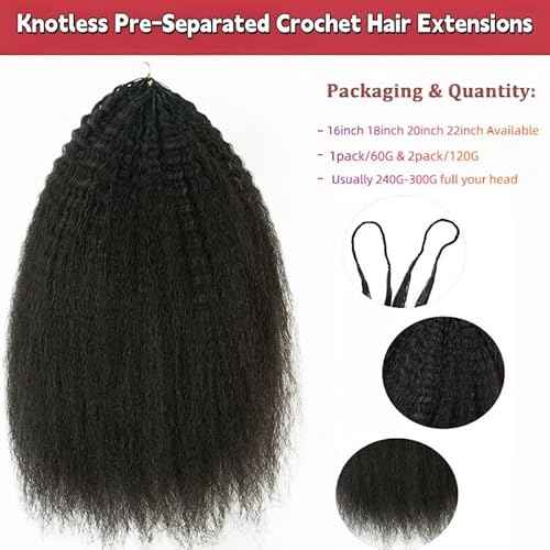 Knotless Pre-Separated Crochet Hair Extensions Kinky Straight 100% Human Hair Feather Crochet Braid Hair Extensions Natural Color 16Inch 120g