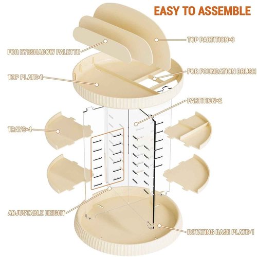 Yieach Rotating Make up Organizer for Countertop,Adjustable Spinning Skincare Organizers,Vanity Organizers and Storage,Bathroom Lazy Susan Organizer for Beauty Product and Spin Skin Care Holder,Beige