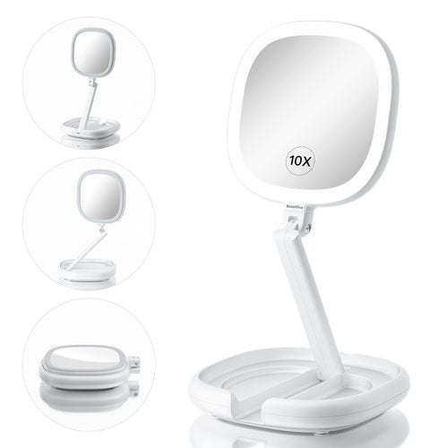 Beautifive 6.3” Makeup Mirror with Light and Magnification, 10X/1X Light Up Makeup Mirror Lighted Make Up Mirror with Adjustable Height Double Sides Folding Magnifying Mirror with Light