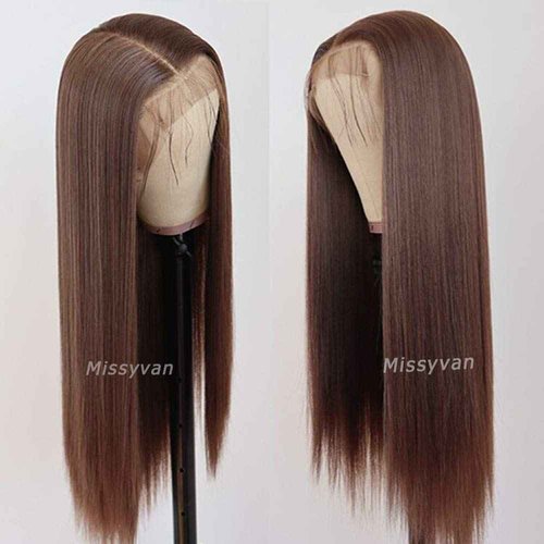 Missyvan Lace Front Wig Straight Hair Brown Color Long Wigs Glueless Heat Resistant Fiber Hair Dark Brown Synthetic Lace Front Wigs for Fashion Women