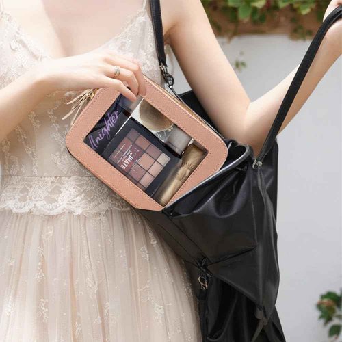 Clear Makeup Bag Set for Women, Transparent Travel Cosmetic Case Portable Skincare Toiletry Bag with Zipper Waterproof Makeup Pouch Car Organizers Car Accessories for Essentials (Dual Dark Pink)