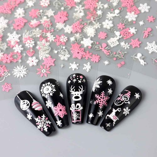 12 Sheets Christmas Nail Stickers Pink White Snowflake Nail Decals for Nail Art Christmas Snowman Reindeer Heart Nail Art Stickers 3D Self Adhesive Nail Supplies for Women Christmas Nail Decoration