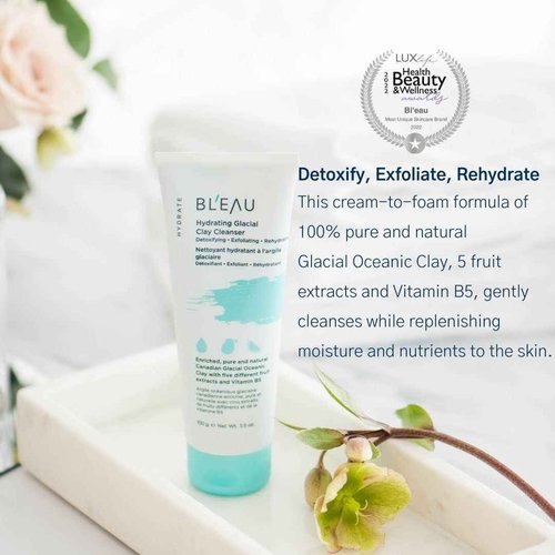 Bl'eau Hydrating Glacial Clay Cleanser detoxify exfoliate rehydrate Glacial Oceanic Clay and 5 fruits extracts to deep cleanse and soothe skin, cream to foam texture, cooling and hydrating skin feel (100 g (3.5 oz.))