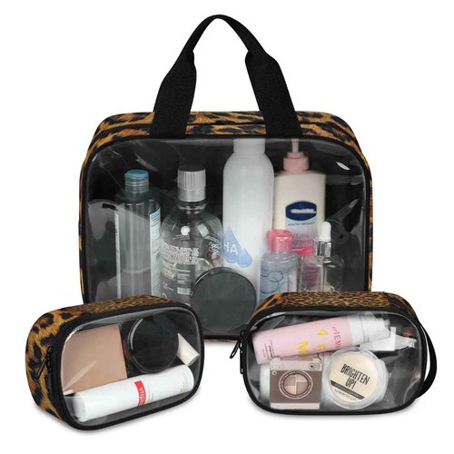 PATTERNFUL Clear Makeup Bag for Women Men, 3Pcs Transparent Cosmetic Bags Waterpoof Toiletries Set Portable Toiletry Bags with Zipper for Travel Bathroom(Leopard)