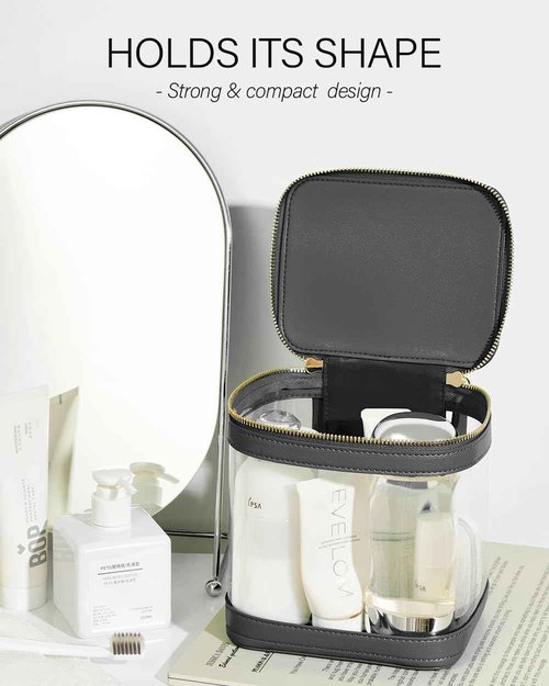 ROWNYEON Large CLear Travel Makeup Bag for Women，Transparent Cosmetic Bag with Handle，Portable Makeup Case Organizer，Waterproof Toiletry Organizer Train Case, Black