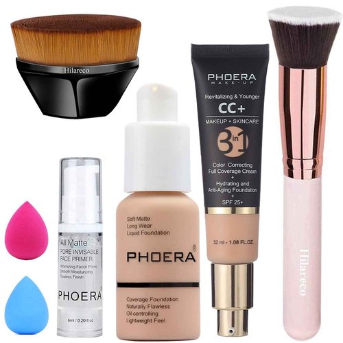PHOERA CC+ Cream Color Correcting Anti Aging Hydrating Serum & SPF 25+, PHOERA Primer, Kabuki Makeup Brushes Foundation Brush Powder (103 Warm Peach+120 Nude)