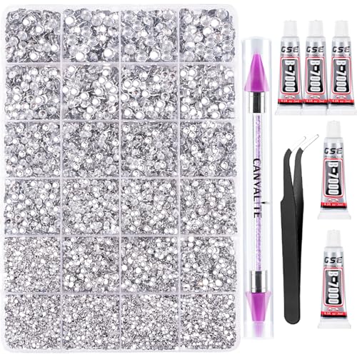 Canvalite 25000Pcs Resin Jelly Rhinestones for Crafting, Clear Flatback Gems, Bedazzling Crystal with 5Pcs 2.5g B7000 Jewelry Glues and Tweezers and Dotting Pen for DIY Crafts Clothing Shoes Nail Art