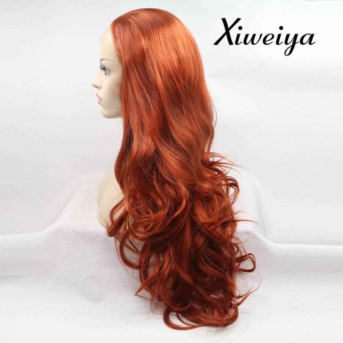 Xiweiya Long Wavy Copper Red Lace Front Wig Glueless Free Part Auburn Color Synthetic Wig for Women, Drag Queen with Heat Resistant Fiber Hair Replacement Wig Cosplay Halloween Wig 24 inch