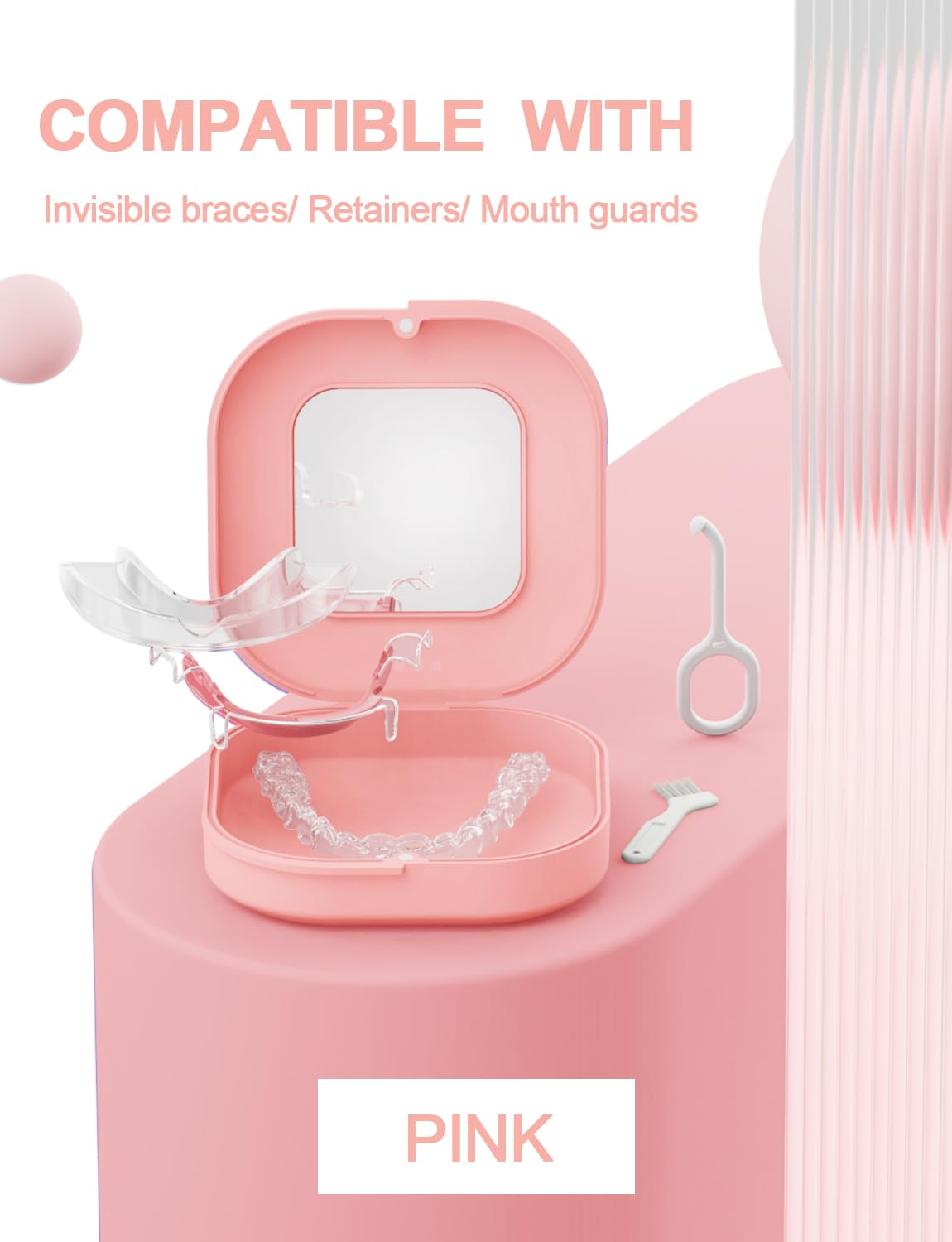 HEMILAB® Retainer Case with Mirror, Slim Aligner Case with Vent Holes, Compatible with Invisalign, Mouth Guard Case, Cute Retainer Case with Retainer Removal Tool, Chewies and Brush, Pink