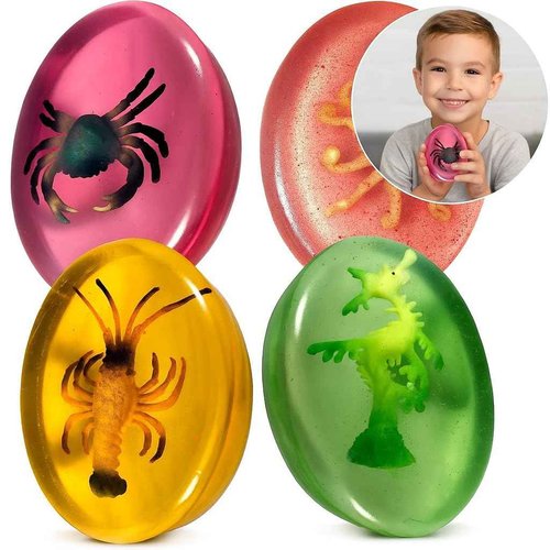 4 Natural Kids Soap Bars For Kids with SEA ANIMALS TOYS Inside for Hand, Face, and Body Wash - Natural Soaps with Surprise Packed in a Gift Box - MADE IN USA