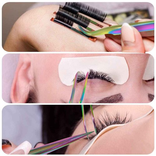 Eyelash Extension Tweezers Set, Fangze 7 Pcs Lash Kit Rainbow Stainless Steel Straight and Curved Tweezer for Nail Art Ingrown Hair Craft