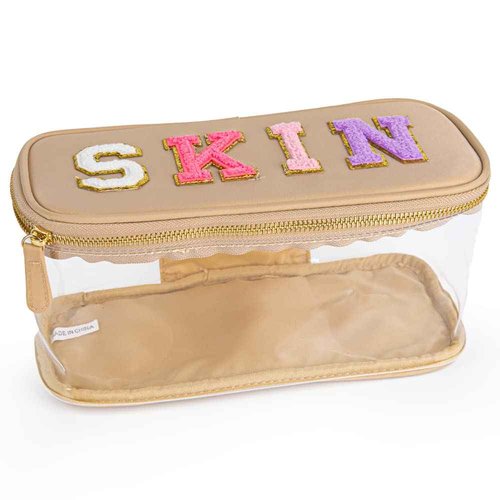 MEEJUNE Portable Chenille Letter Clear Preppy Makeup Zipper Bag Waterproof Foldable Organizer Travel Storage Purse For Vacation Travel, Bathroom