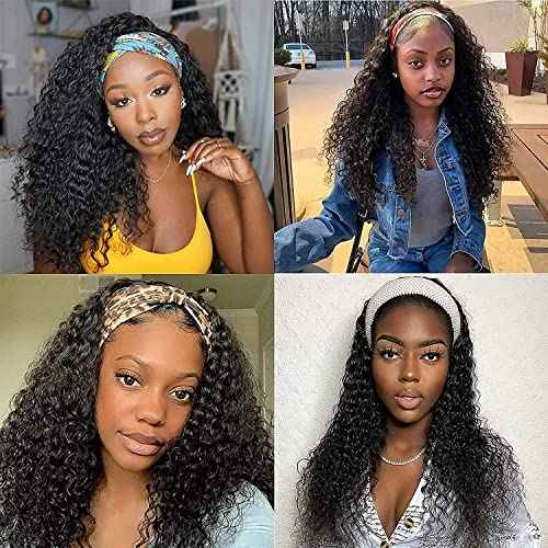 Deep Wave Headband Wig Human Hair 16 Inches Glueless None Lace Front Wigs Machine Made 150% Density Natural Color Human Hair Wigs for Women