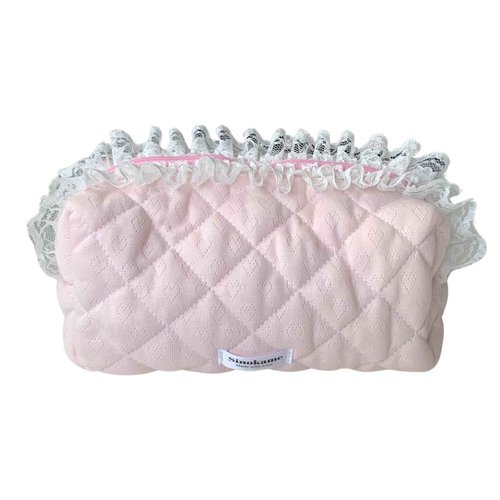 SINOKAME Handmade Pink Cute Quilted Makeup Bag, Lace Coquette Cosmetic Bag Fluffy Soft Reusable Toiletry Pouches Organizer, Reusable Washable Bags for Women Gifts(sweet angel)