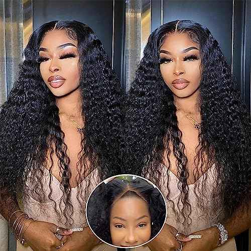 26 Inch Wear and Go Glueless Wigs Pre Plucked 200% Density Deep Wave Lace Front Wigs Human Hair for Women Transparent Closure Wigs Natural Color