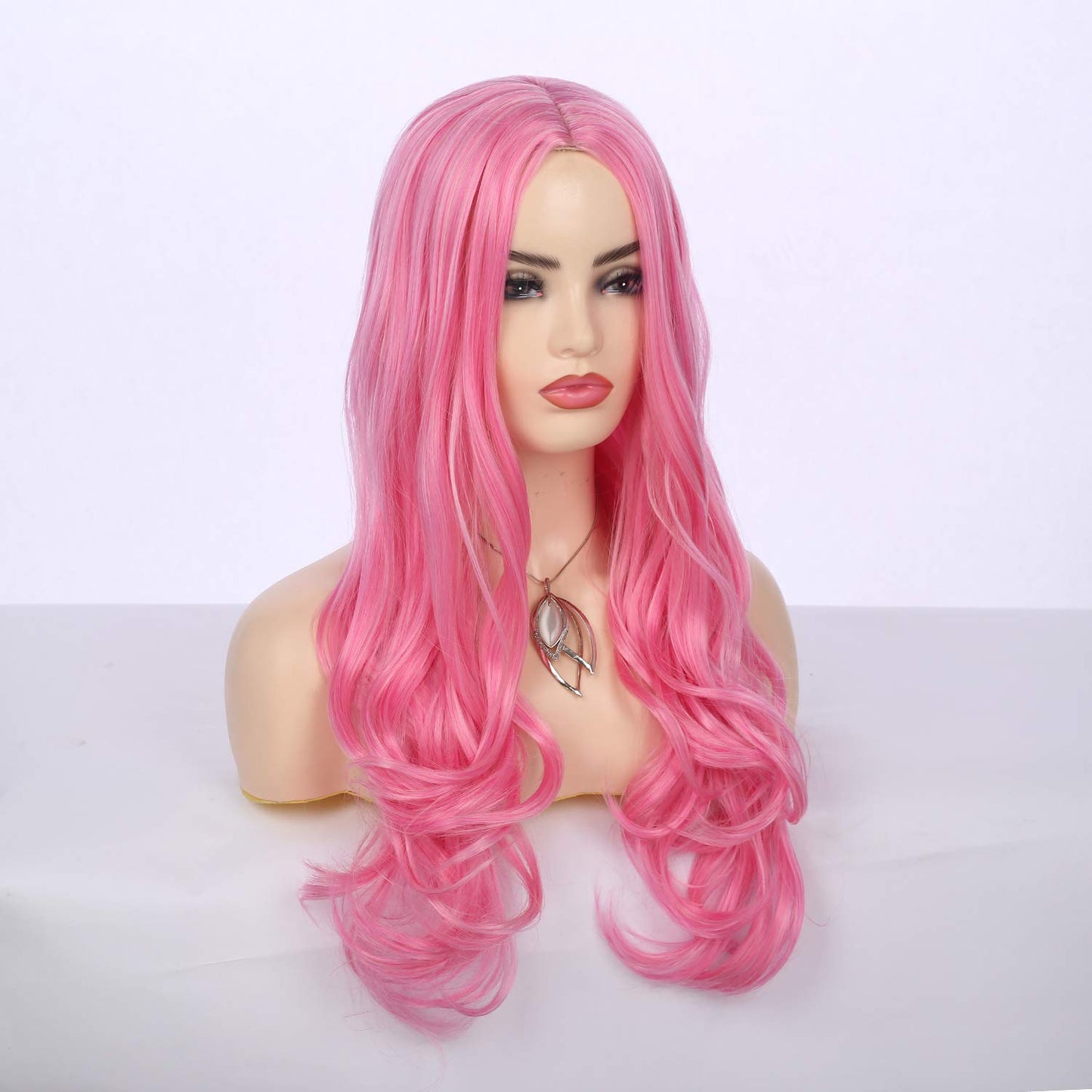 Wiwige Hot Pink Wig for Women Long Wavy Curly Middle Part Nature Looking Heat Resistant Synthetic Cosplay Costume Halloween Party Wig with Wig Cap