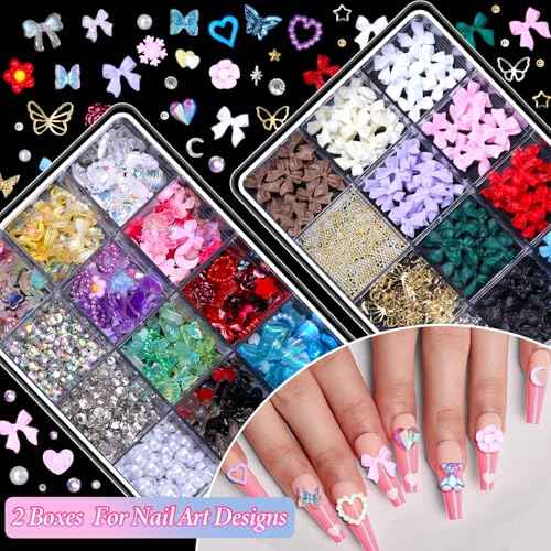 2 Boxes 3D Bow Nail Art, Carviar Beads for Nail Art, Assorted Flower Heart Butterfly Acrylic Bows Nails Charms with Pearls Gems Bead for Nail Design DIY Y2K Supplies