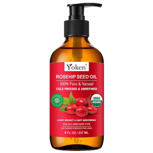Yoken Rosehip Seed Oil Organic, USDA Certified 100% Pure Rosehip Oils for Face, Hair & Body, 8 fl oz Cold Pressed Rose Hip oil for Skin Moisturizing, Scar Fading, Gua Sha, Massage, Carrier Oil DIY