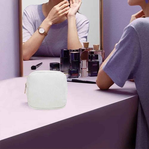 FFpaw Mini Makeup Bag, Mini Makeup Pouch Purse Cute Cosmetic Pouch for Women Corduroy Small Cosmetic Bag for Purse Small Travel Travel Toiletry Bag for Women Car Bag (Mini White)