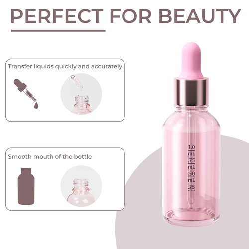 CycleMore 12 Pack (30 ml) 1 oz Pink Glass Boston Bottles with Glass Scale Eye Droppers, Glass Cosmetic Droppers for Beauty, Essential Oils, Makeup & More Liquids Ideal for Mom or Friends