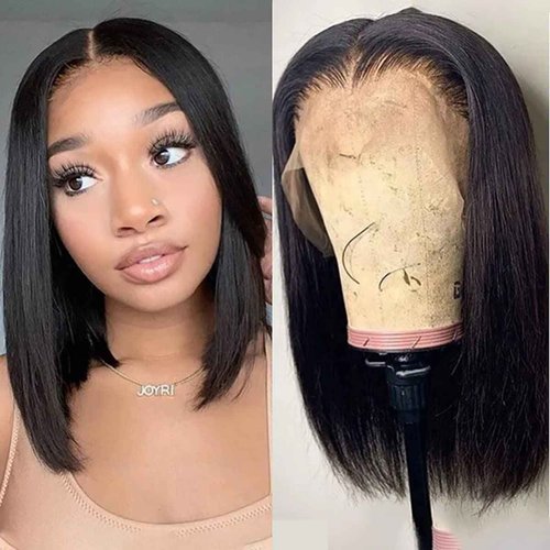 Enivuoso 13x4 Human Hair Bob Wig Lace Front Pre Plucked Pre Cut Transparent Lace Front Wigs Human Hair for Black Women Short Straight Bob Wigs No Glue Lace Closure Wigs (Natural Black-130%, 10 Inch)
