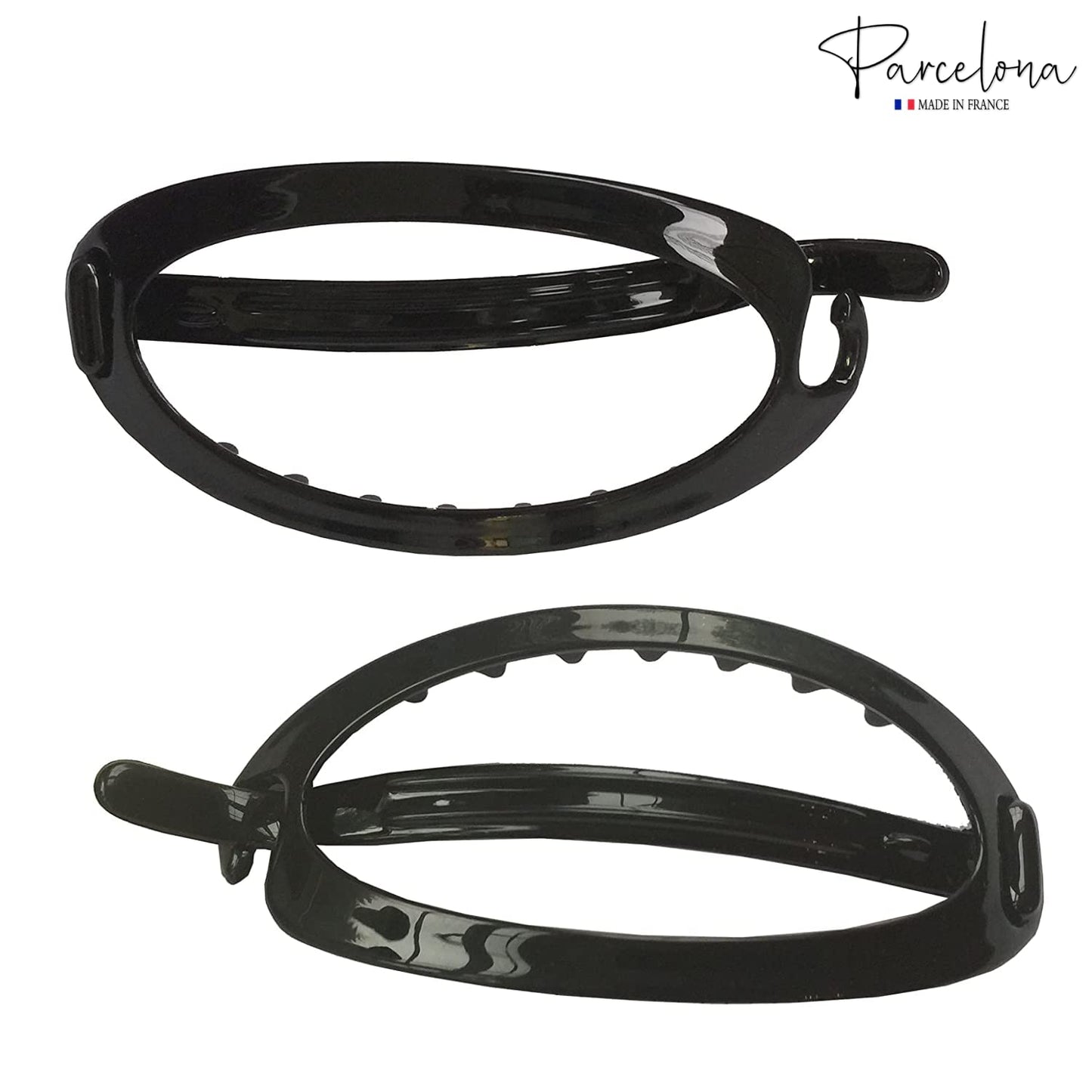 Parcelona French Plain Oval Simple Large Ponytail Holder Non Metal Hair Clip Barrette (Glossy Black)