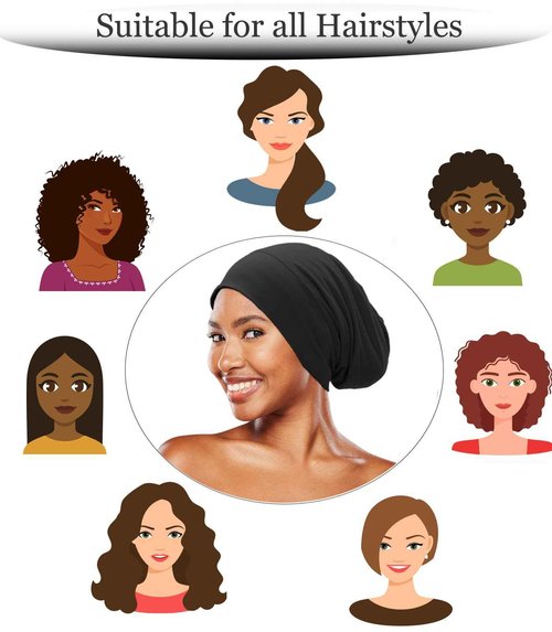 Sleep Cap Bonnet for Sleeping Black Women, Adjustable Cooling Ice Silk Lined Bonnet for Curly Braids Hair Cover Stay on All Night Cap Beanie Hat Black