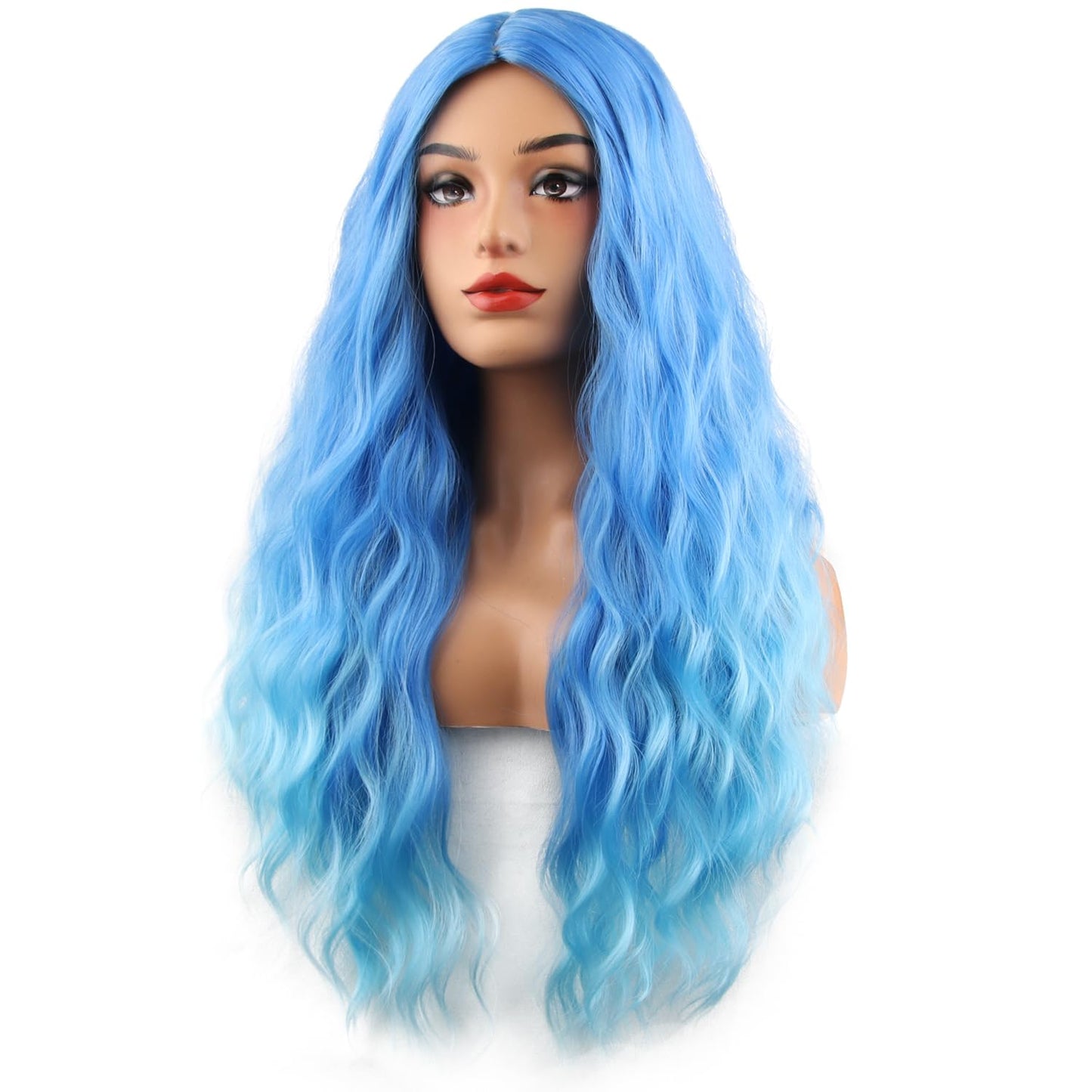 MAGQOO Blue Wig for Women Blue Ombre Wig Long Curly Wavy Light Blue Wigs Middle Part Heat Resistant Hight Density Synthetic Wigs (Blue Ombre)