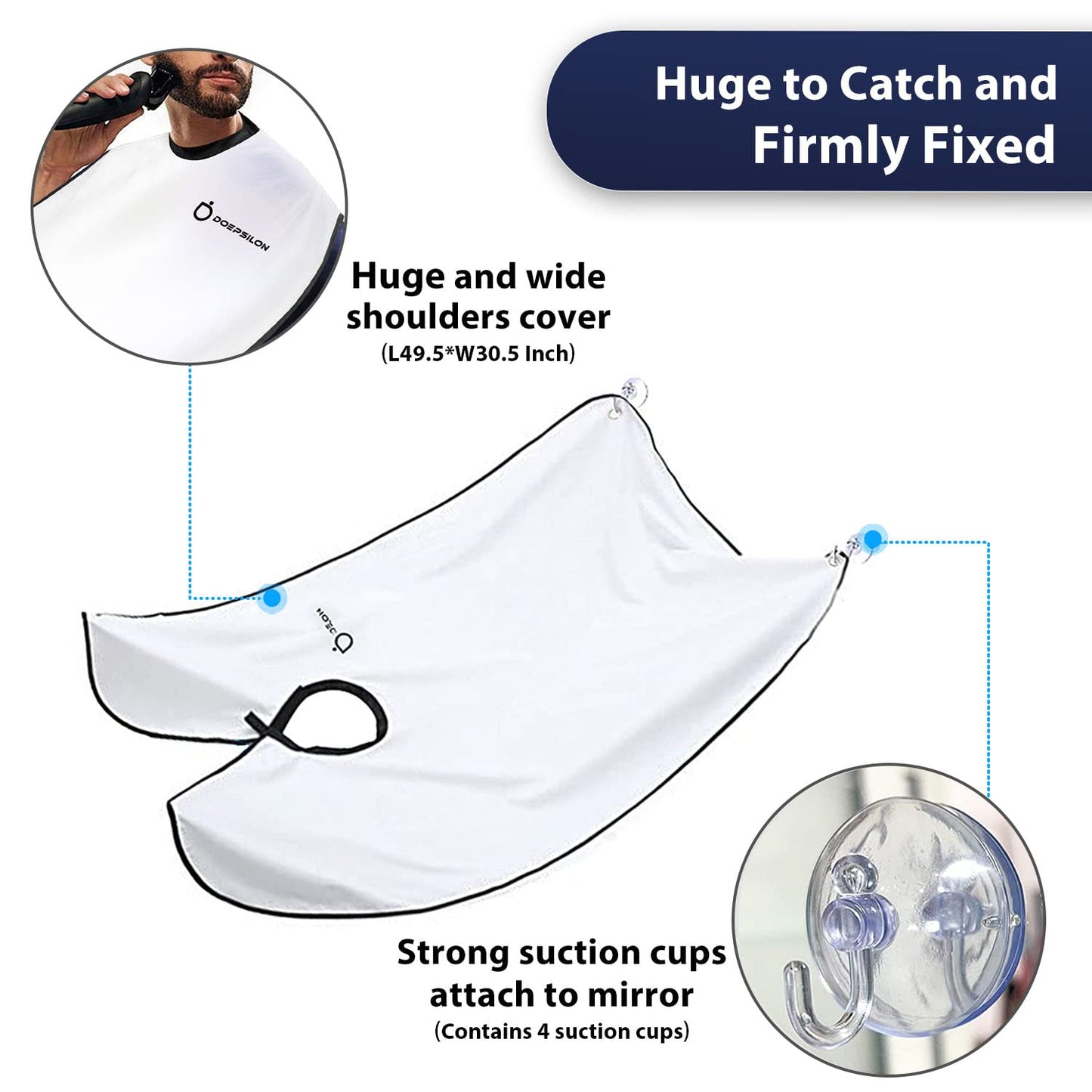 DOEPSILON Beard Bib Apron, Beard Hair Clippings Catcher for Shaving and Trimming, Non-Stick Beard Shave Cape, with 4 Suction Cups, Grooming Accessories, White