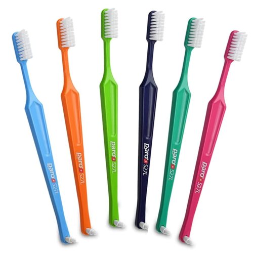 Paro S27L Toothbrush | Small Brush Head Toothbrush with Soft Bristles and Exchangeable Interdental Space F | 3 Rows 27 Tufts for Thorough Cleaning and Gum Care | 6 Pack