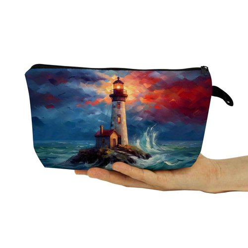 YULUENZE Lighthouse Gift Storm Beacon Makeup Bag Cute Small Organizer Bag with Zipper Lighthouse in Storm Print Cosmetic Bag Birthday Gifts for Women Friends