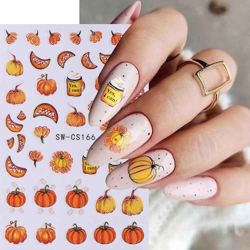 Fall Nail Art Stickers, Autumn Pumpkin Nail Decals 3D Self-Adhesive Red Gold Maple Leaf Pumpkin Fall Sunflower Flower Nail Art Design Thanksgiving Nail Accessories for Women Girls(6 Sheets)