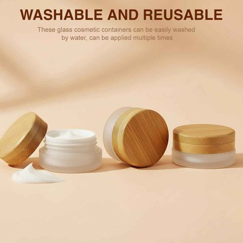 2PCS 5g/5ml/0.17oz Empty Upscale Frosted Glass Cream Jar Bottle Cosmetic Dispenser Refillable Container Pot Vial Holder Sample Storage with Eco Bamboo Lid For Eye Cream Lotion Ointments Lip Balm
