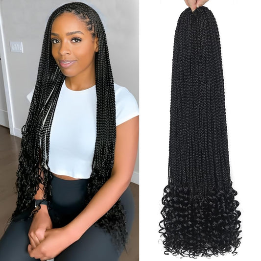 8 Packs 30 Inch Crochet Box Braids Hair with Curly Ends Pre looped Goddess Box Braids Crochet Hair Box Braids Braiding Hair Crochet Braids Hair for Women(30 inch,1B/Sapphire Blue/Light Blue)