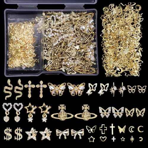 320 Pcs 3D Gold Nail Charms, Cross Snake Star Heart Dangle Nail Gems Charms, Bow Planet Dollar Butterfy Nail Gems for Alloy Nails, Rivet Nail Charms Rhinestones for Nails Art DIY Design