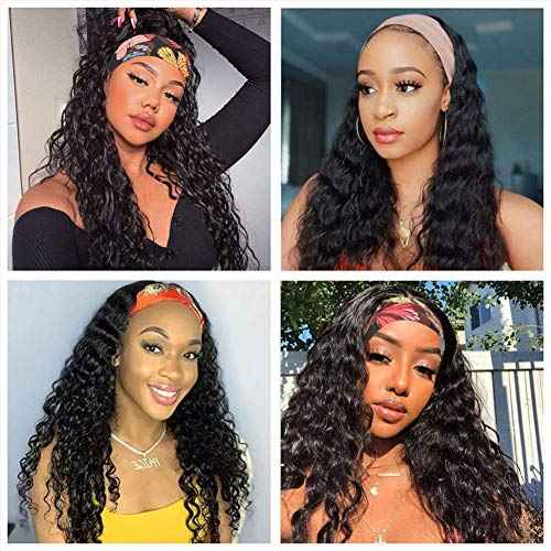XSY Curly Headband Wig Human Hair Deep Wave Wigs for Black Women Brazilian Virgin Curly Hair No Lace Front Wigs 150% Density 26 Inch Natural Color